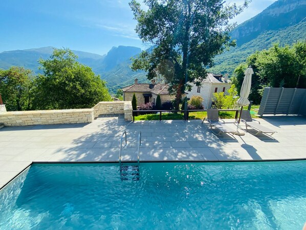 Indoor pool, open 10 AM to 9 PM, pool loungers