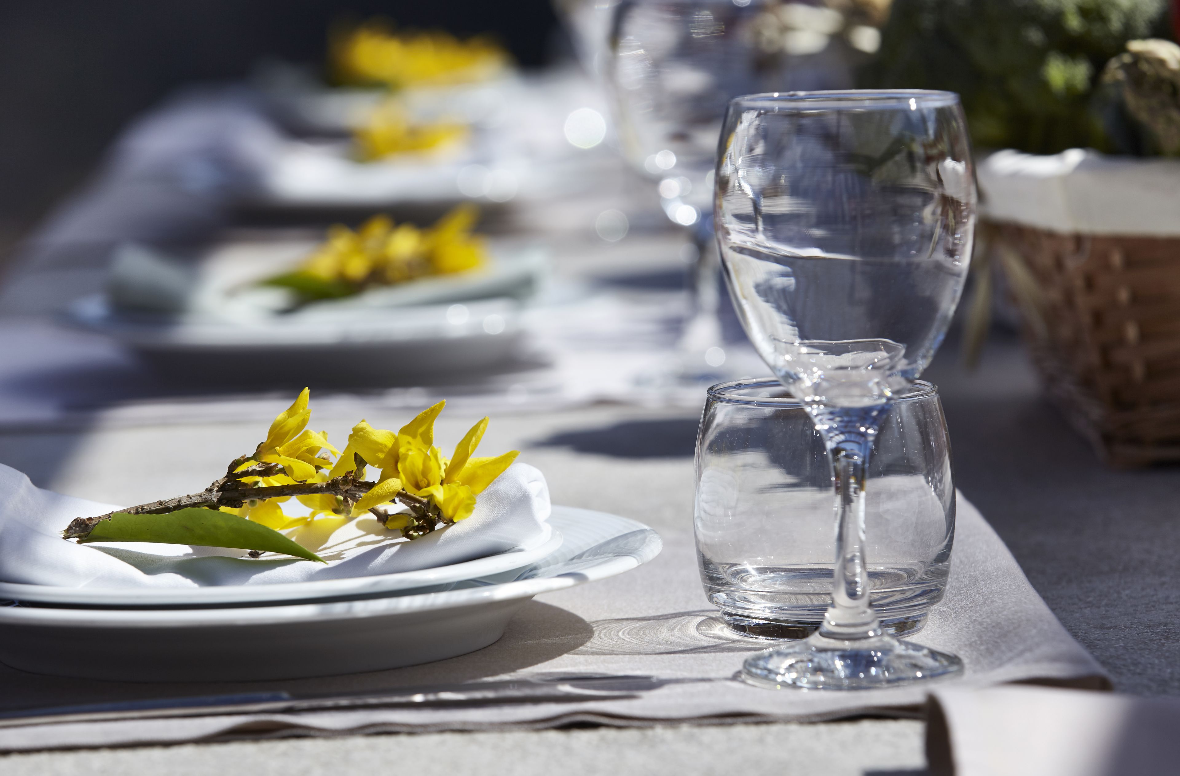 A table set with plates, a glass of water, and yellow flowers.