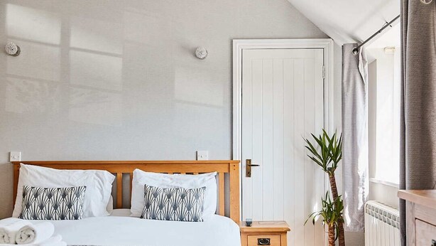 A neatly made bed with white linens and patterned pillows, a wooden nightstand with a drawer, a potted plant, and a white door with a window to the right. - The Bucks Head (Southampton)