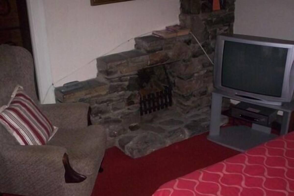 A room with a stone fireplace, a television, and a red carpeted floor.