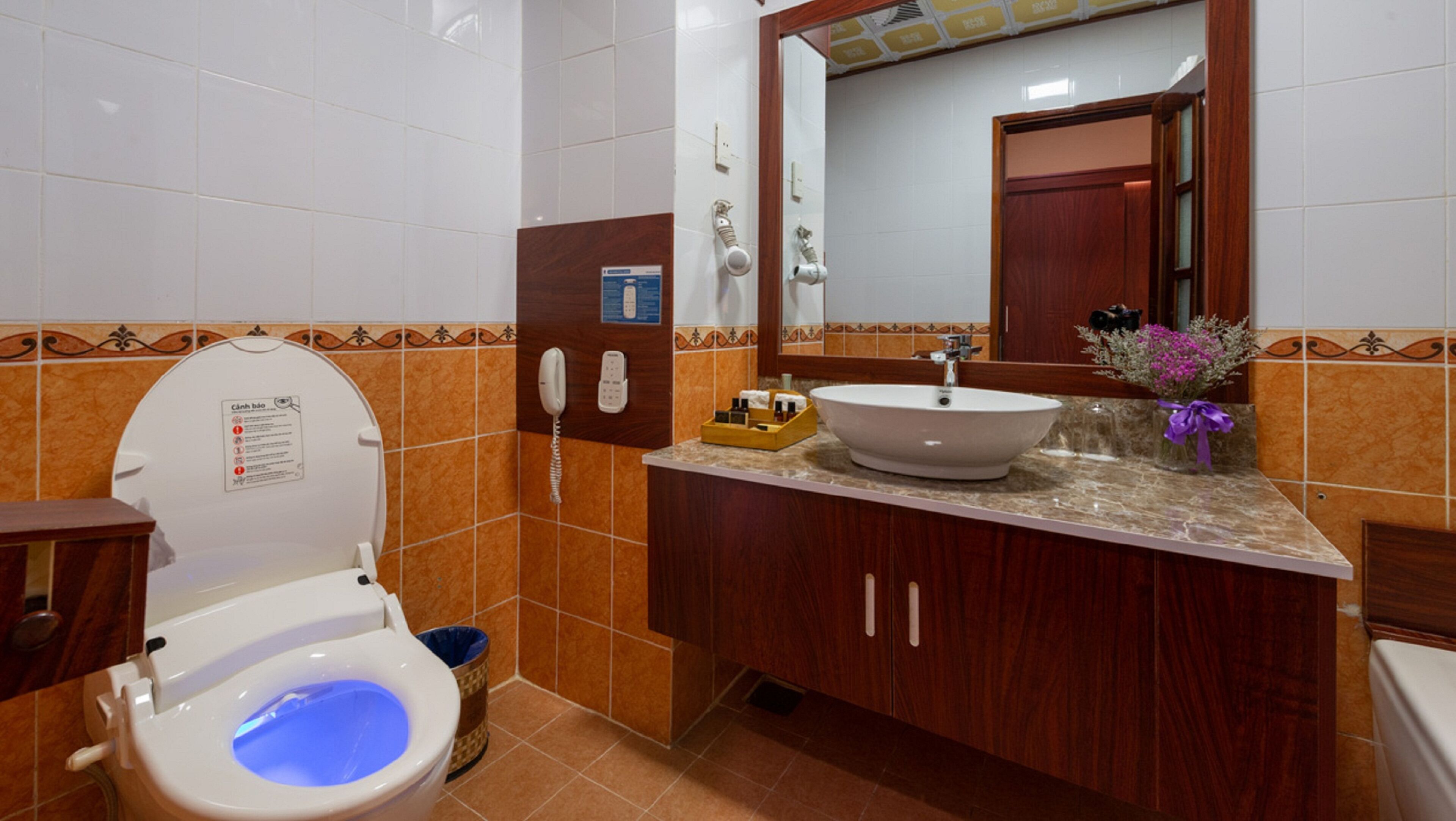 deep-soaking bathtub, free toiletries, hair dryer, bathrobes