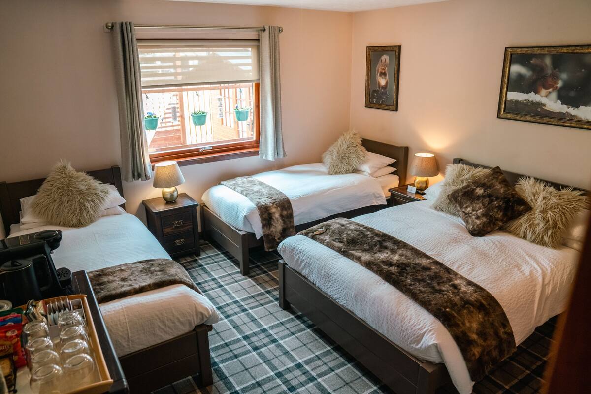 Ein Hotelzimmer mit zwei Betten, einem Fenster mit Vorhängen, einem kleinen Tisch mit Lampe und einem Tablett mit Gläsern.
