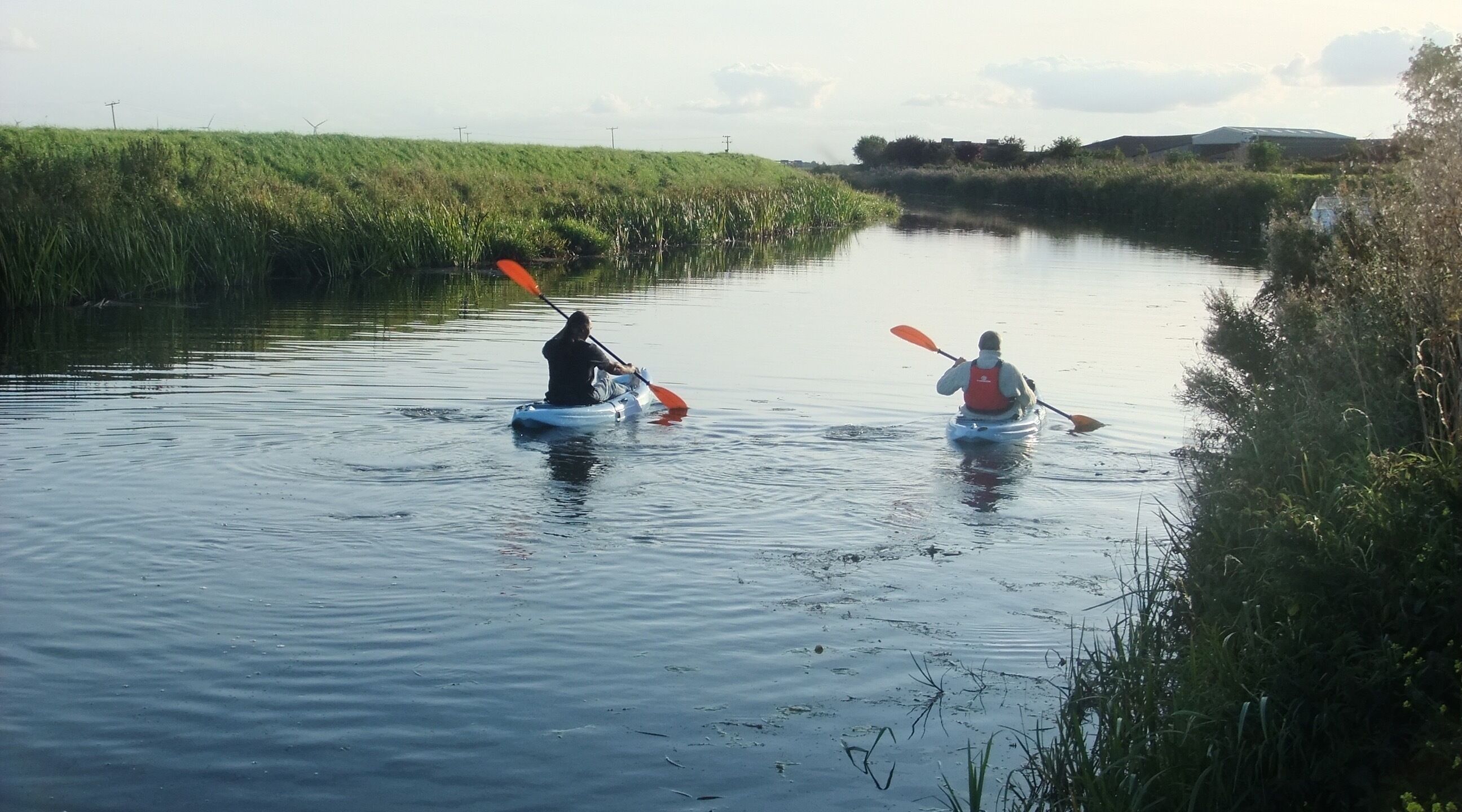 Two people kayaking on a calm river surrounded by greenery.