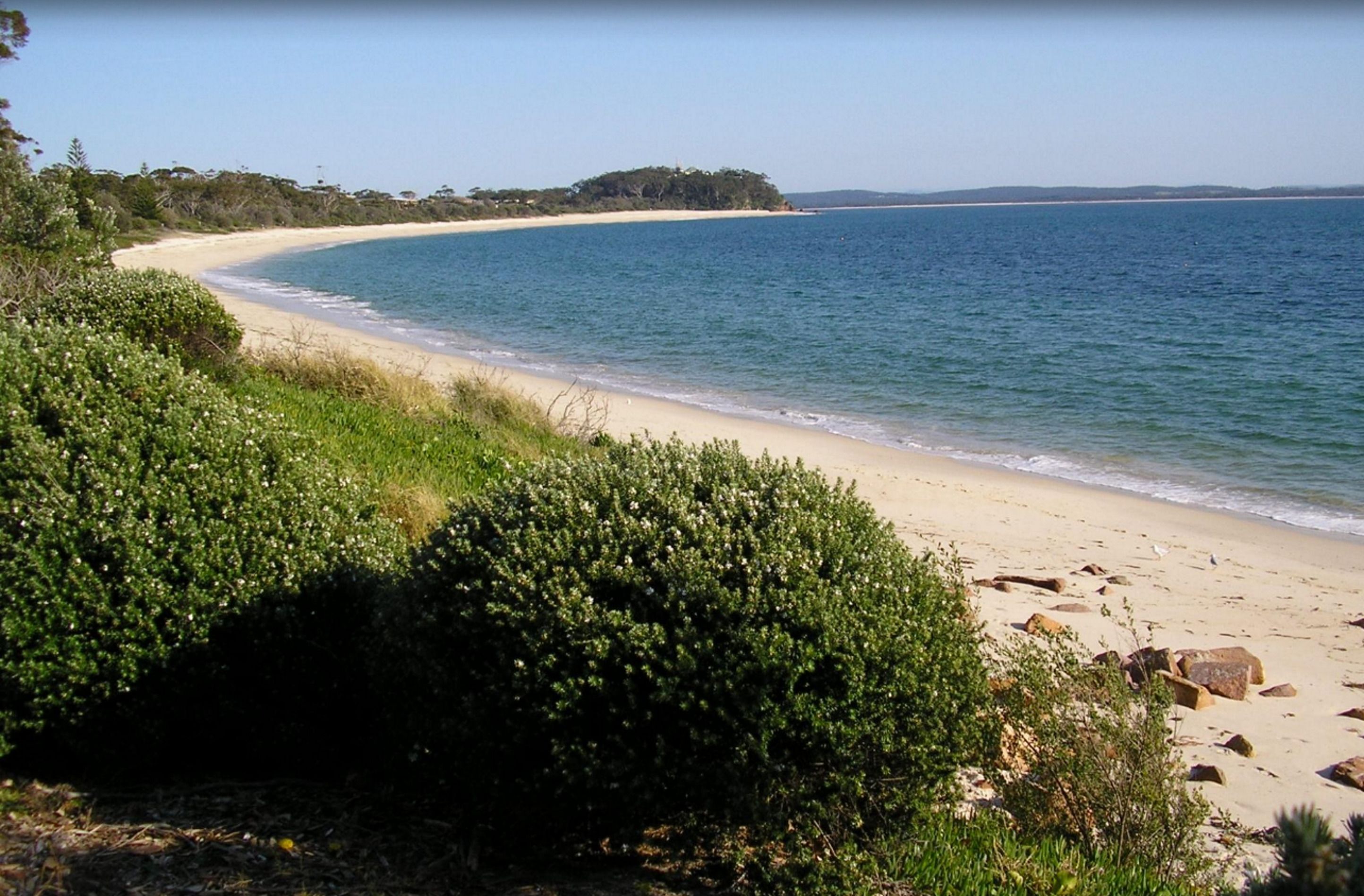 A beach with a curved shoreline, green vegetation, and a distant tree-covered island.