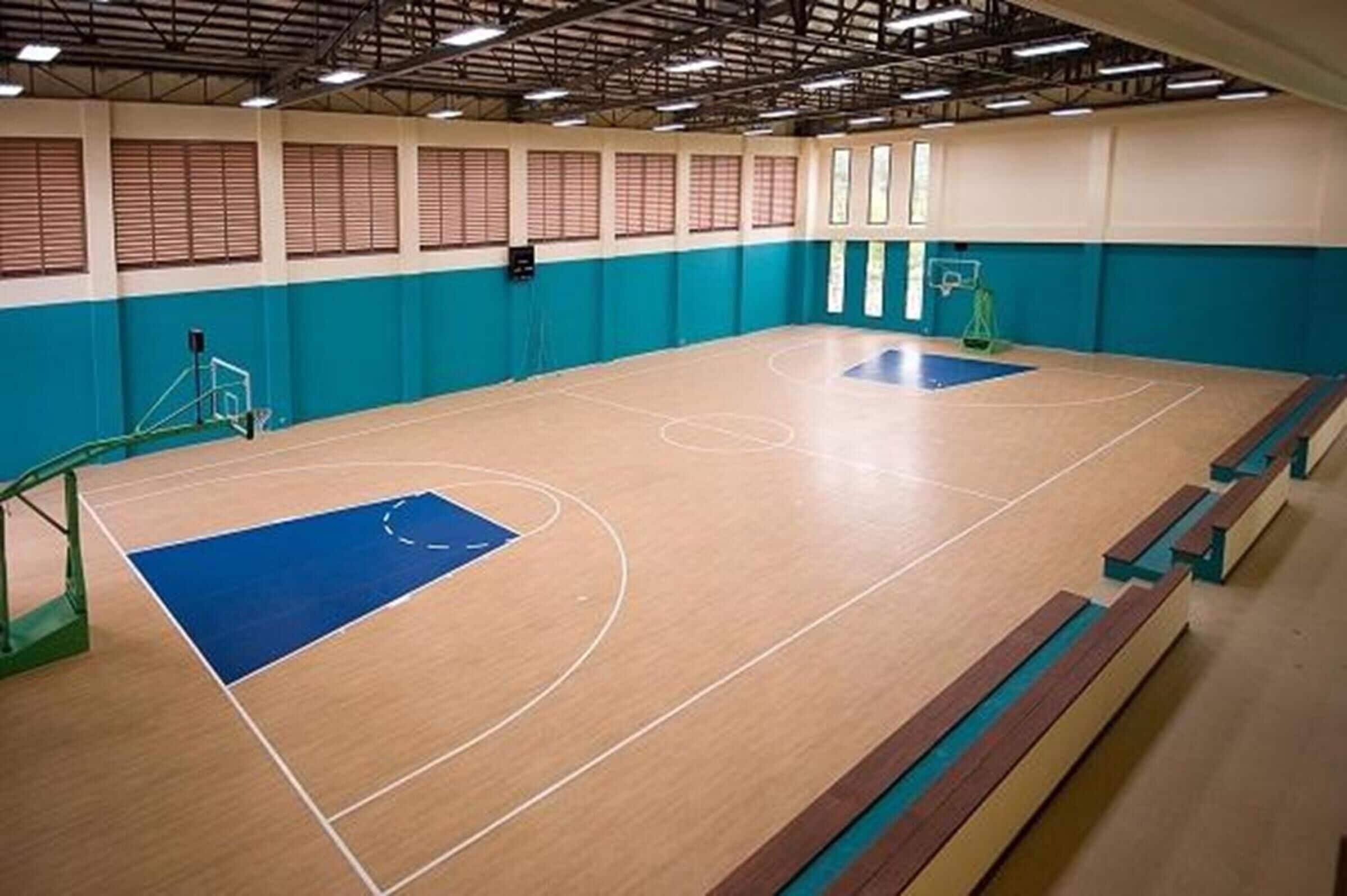 Una cancha de baloncesto cubierta con piso de madera, paredes azules y blancas, y un aro de baloncesto verde.