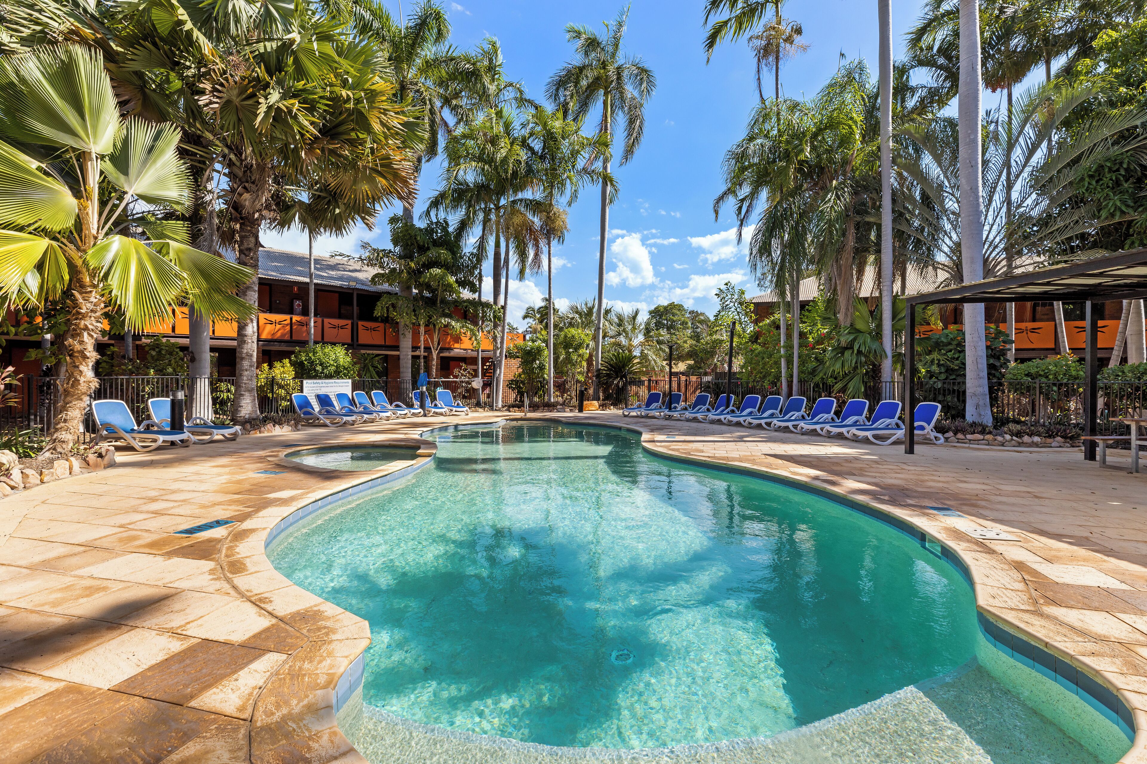 Outdoor pool, open 7 AM to 6 PM, sun loungers