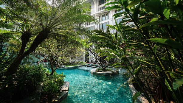 Una piscina rodeada de exuberante vegetación y un edificio moderno con balcones.