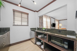 Double Queen Studio | Private kitchenette | Fridge, microwave, stovetop, coffee/tea maker