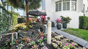 Um jardim bem cuidado, com diversas plantas e um caminho que leva a um edifício branco com grandes janelas.