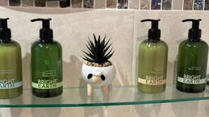 A bathroom shelf with four bottles of Bright Earth herbal remedy products and a small decorative sheep figurine. - The George Hotel (Penrith)