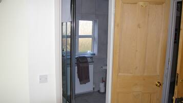 Un baño con mampara de vidrio, una ventana y una puerta de madera.