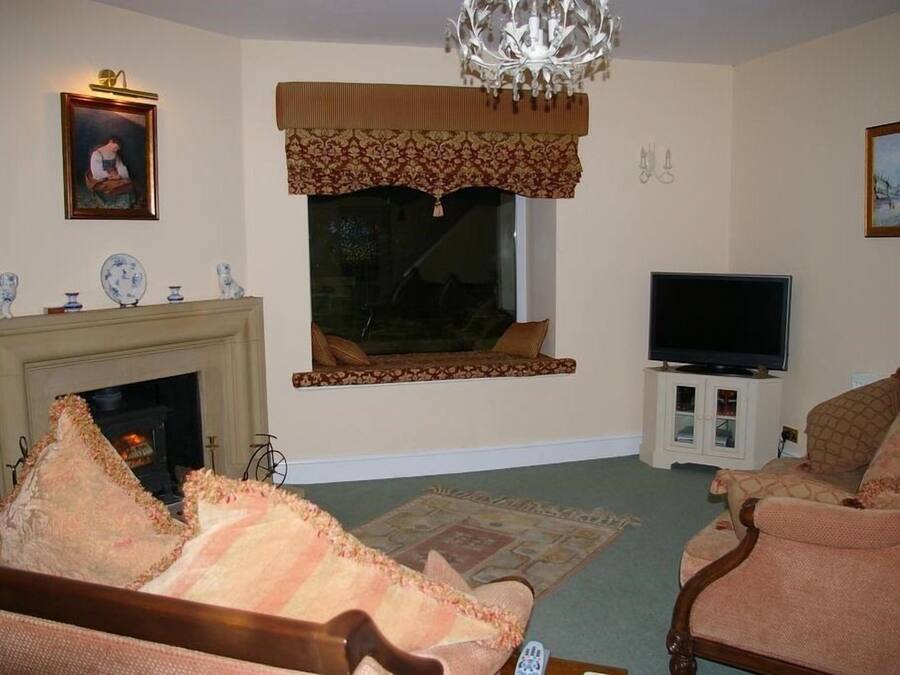 A living room with a fireplace, a television, and a window with a patterned valance.
