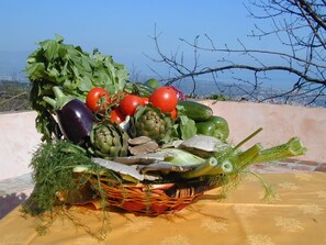 Frühstück, Mittagessen, italienische Küche, Blick auf den Garten 