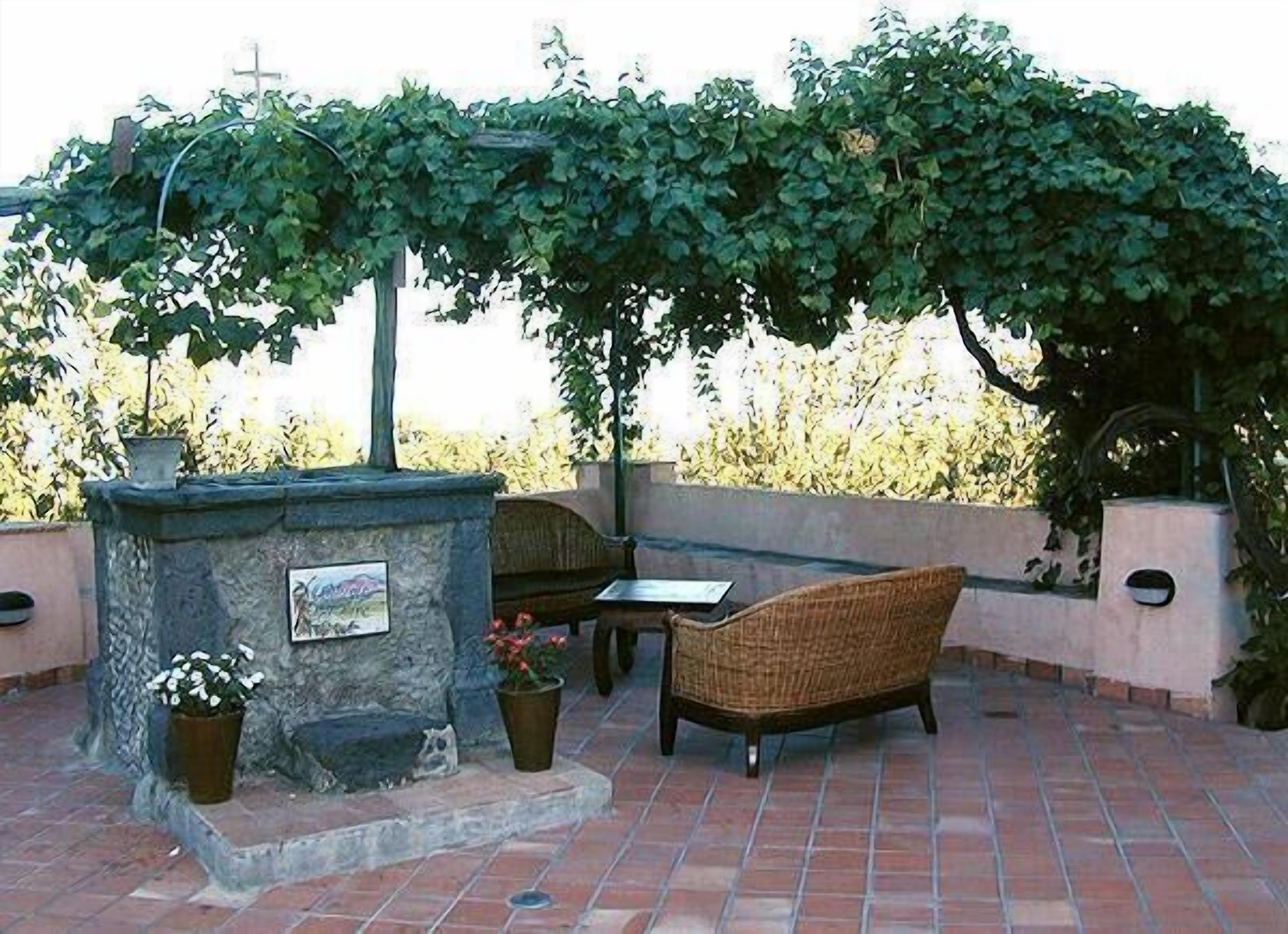 An outdoor patio with a stone fireplace, wicker furniture, and a pergola covered with vines.