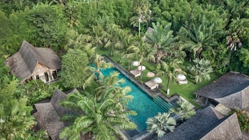 Surrounded by lush greenery and palm trees, this resort offers a serene and setting with a central swimming pool.
