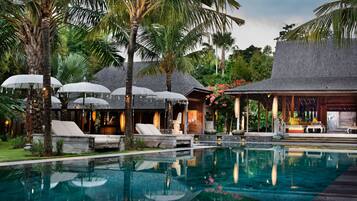 Outdoor pool, pool umbrellas, pool loungers