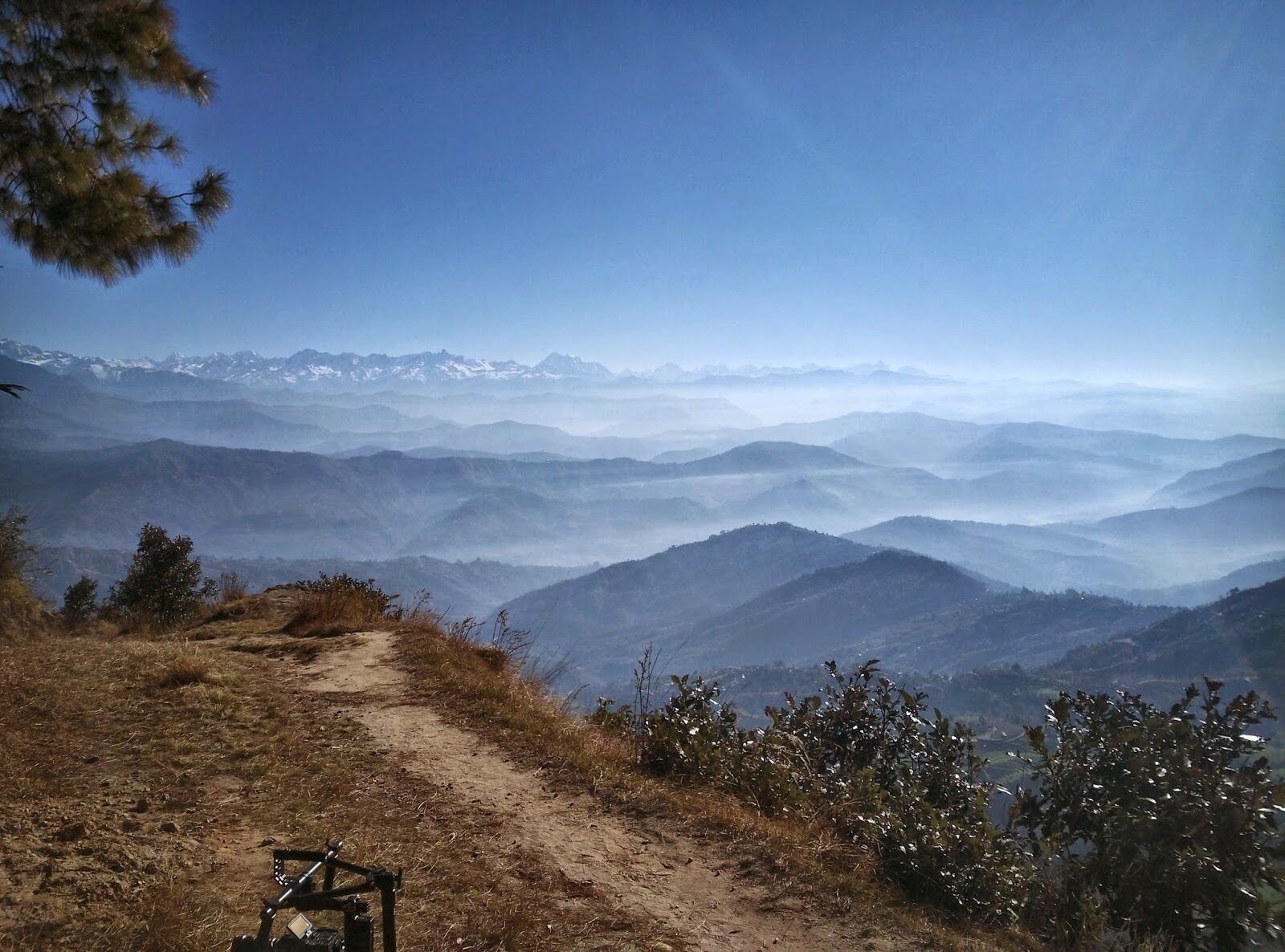 A mountain trail with a bench, surrounded by dense vegetation and a view of distant snow-capped peaks.