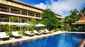 Outdoor pool, pool umbrellas, pool loungers