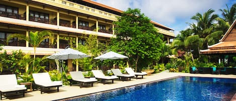 Outdoor pool, pool umbrellas, pool loungers