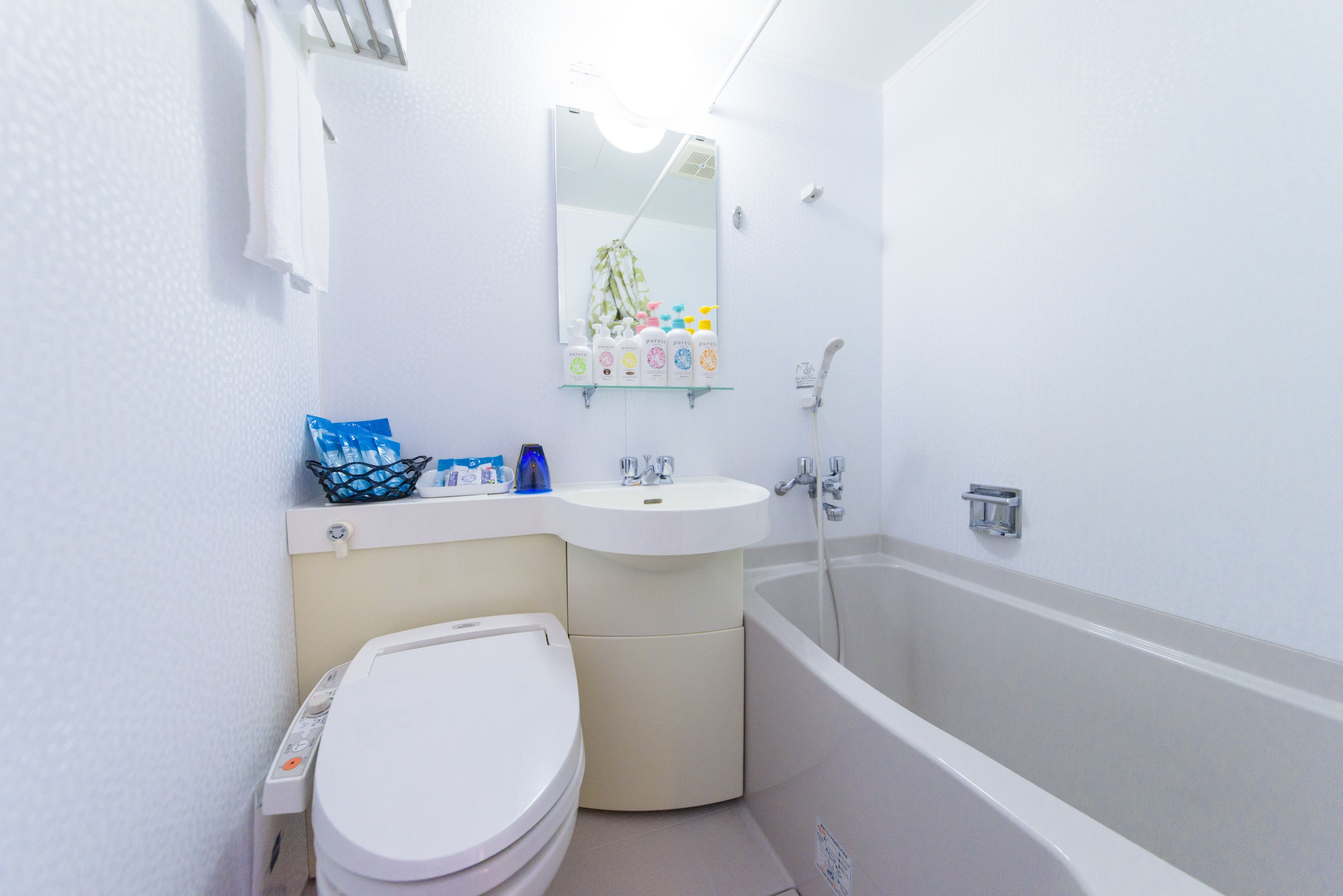 combined shower/bathtub, free toiletries, hair dryer, slippers