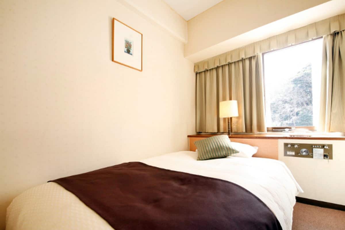 A hotel room with a bed, a nightstand, a lamp, and a window with curtains.