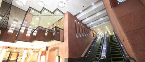 An indoor escalator in a modern building with a glass facade and a patterned wall.