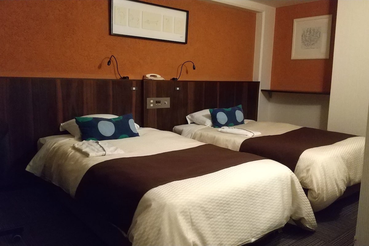 A hotel room with two beds, each with white bedding and blue pillows with white polka dots. There is a framed picture on the wall above the beds and a small table with a telephone.