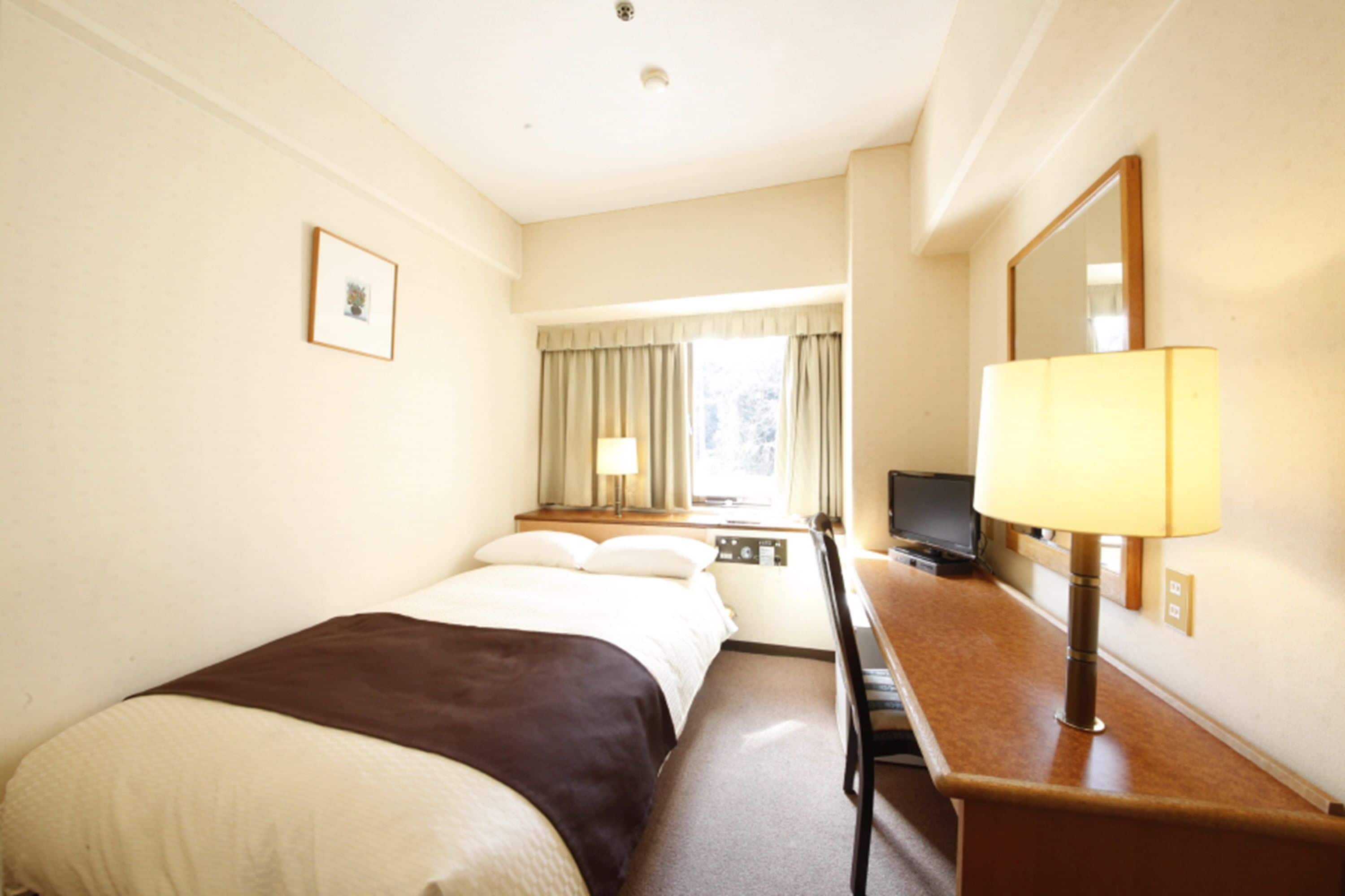 Una habitación de hotel con una cama, un escritorio con lámpara, un televisor y una ventana con cortinas.