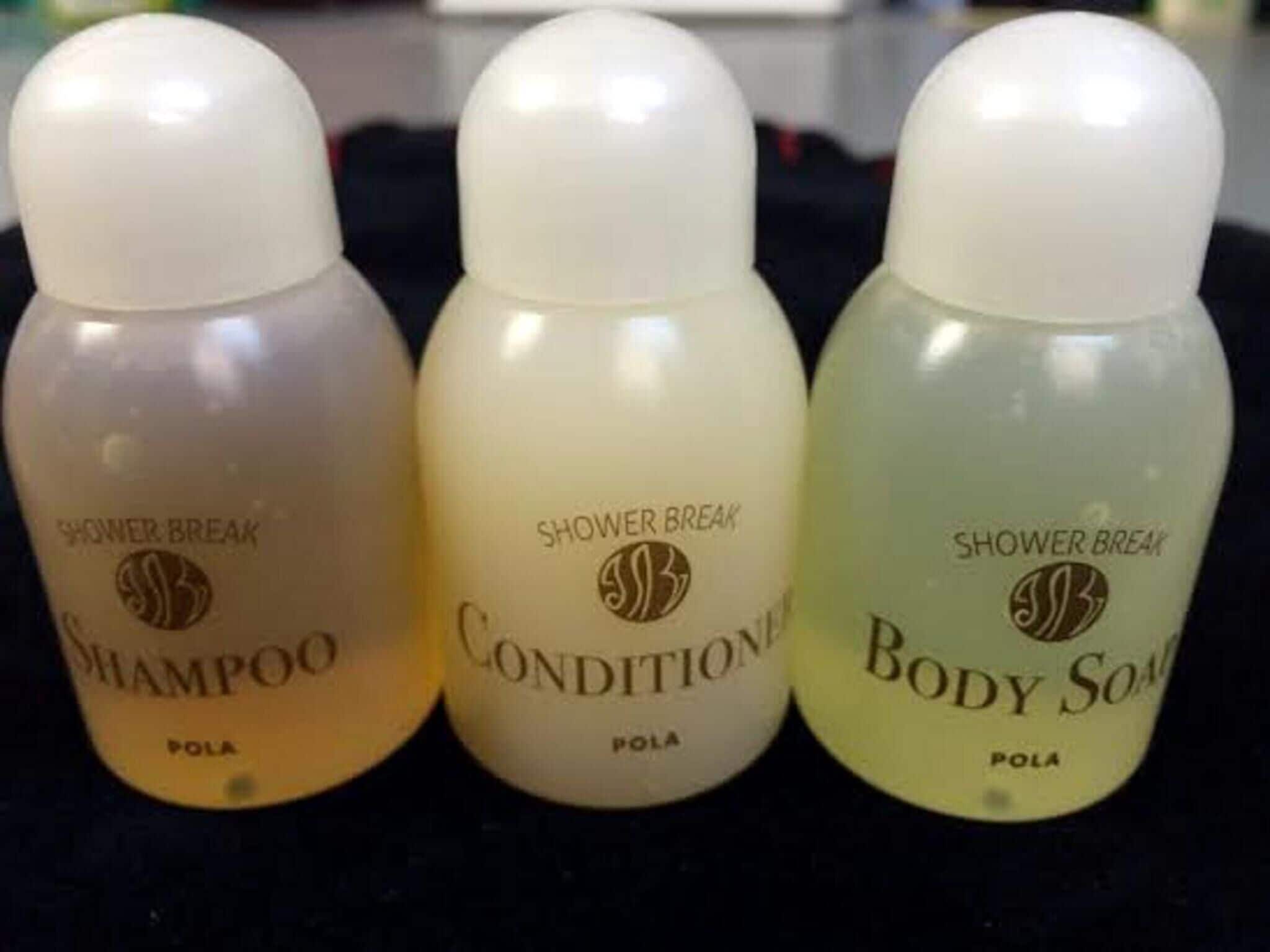 Three bottles of Shower Break products: Shampoo, Conditioner, and Body Soap.