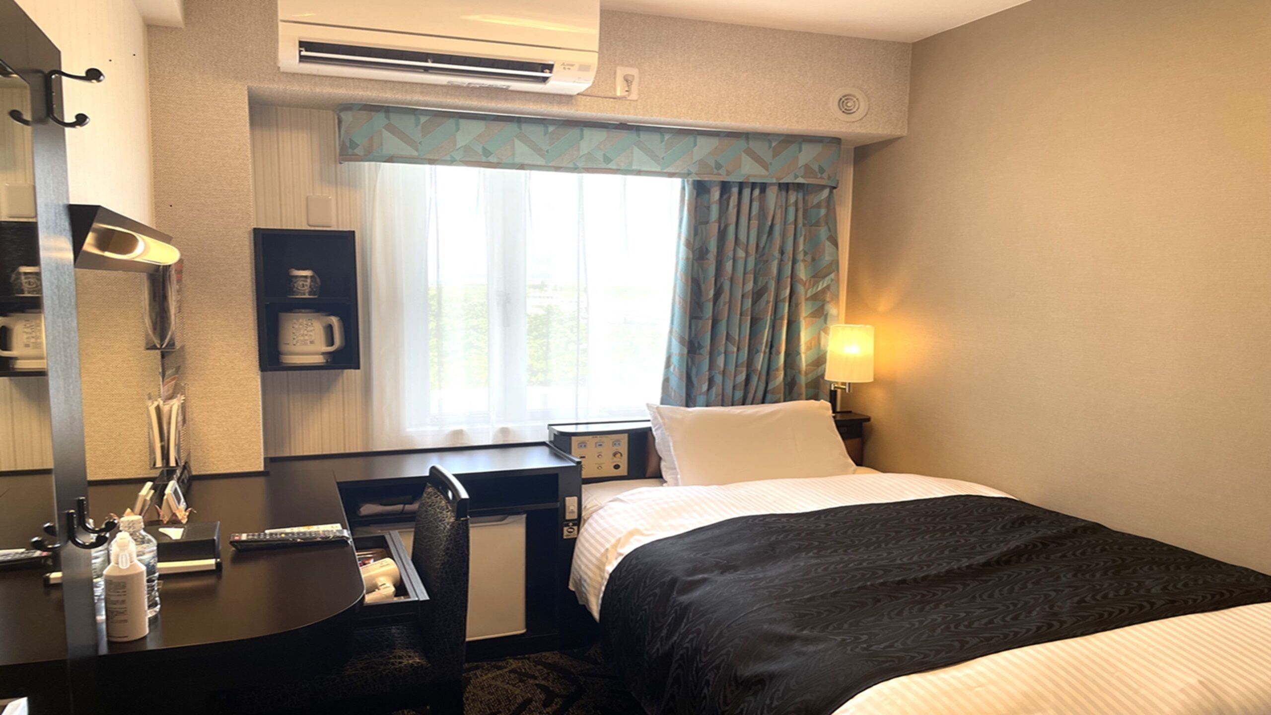 Desk, blackout curtains, soundproofing, iron/ironing board