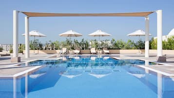 Outdoor pool, open 8:00 AM to 8:00 PM, sun loungers