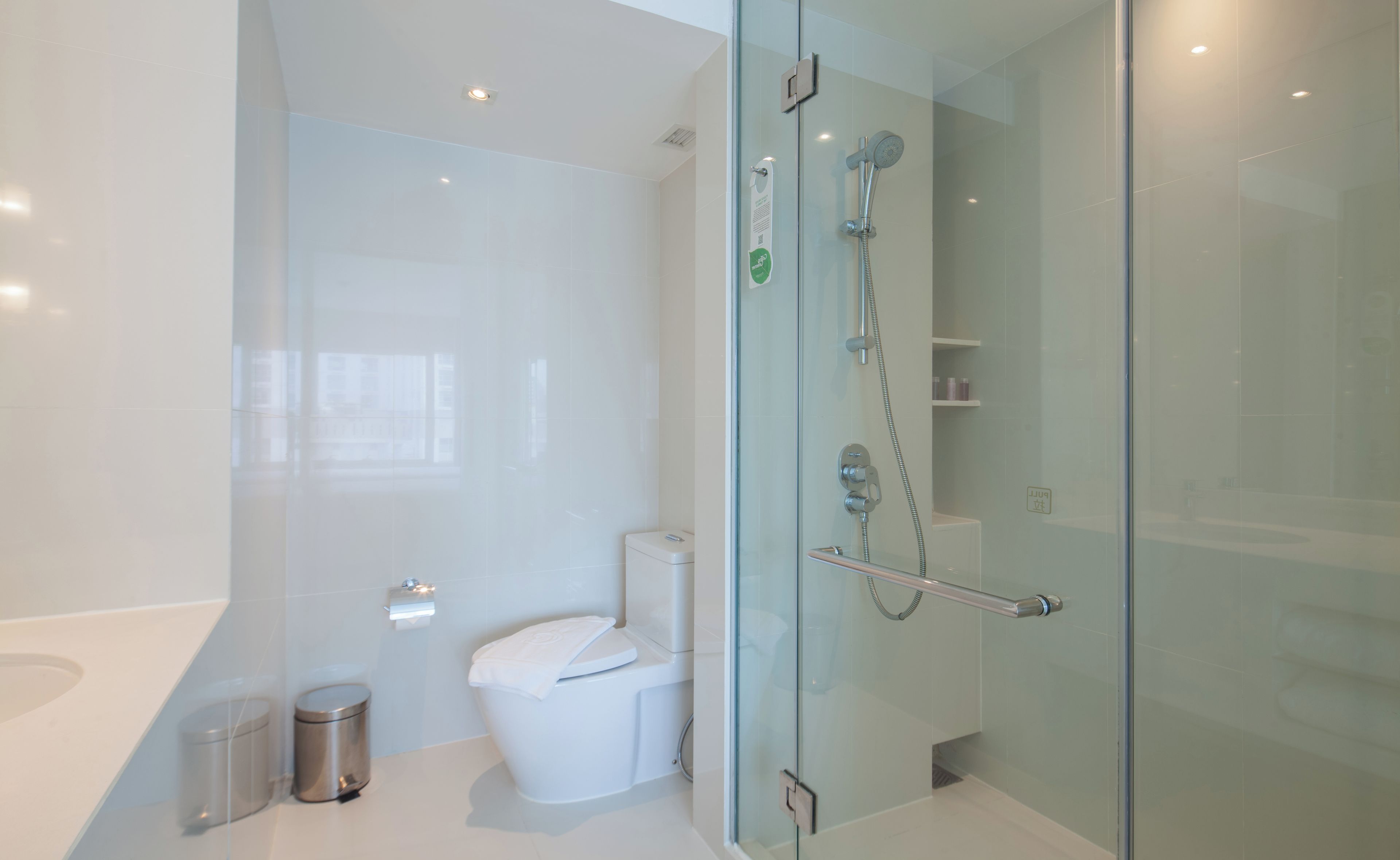 A modern bathroom with a glass shower enclosure, a toilet, and a trash can.