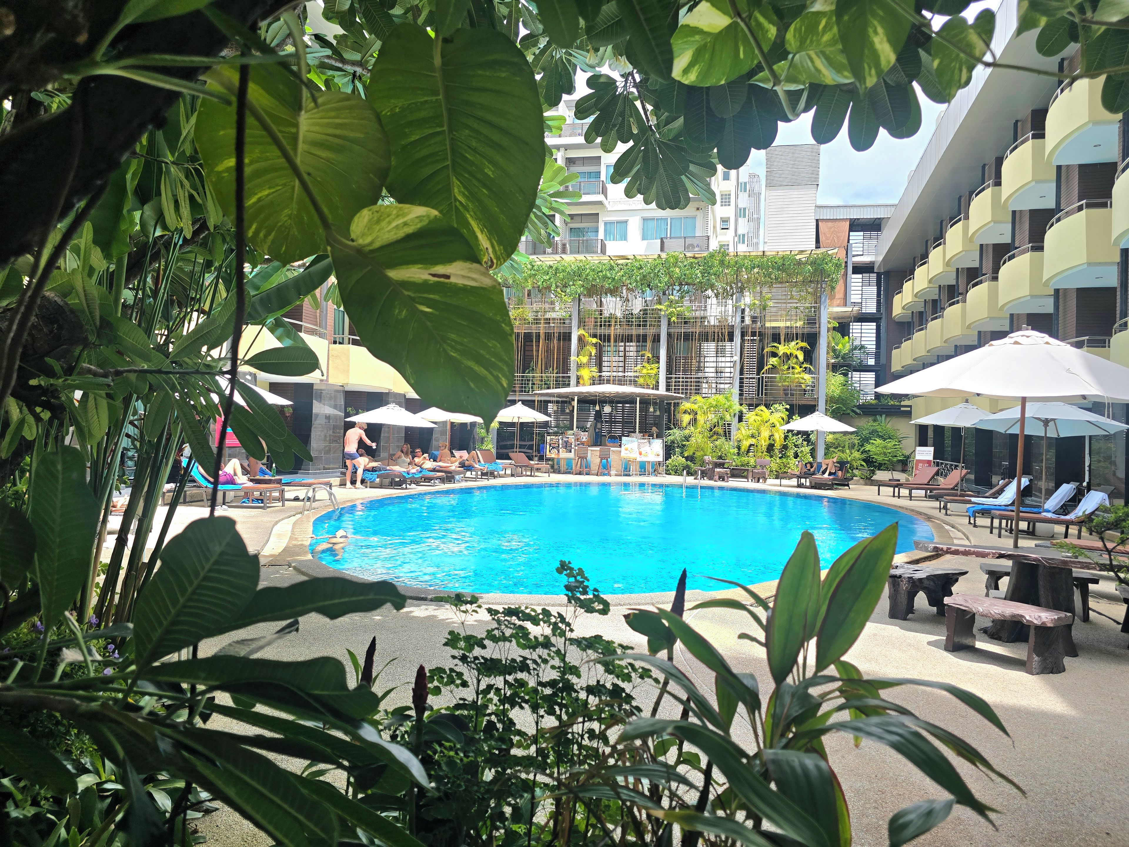A swimming pool with lounge chairs and umbrellas, surrounded by greenery and a building with balconies.