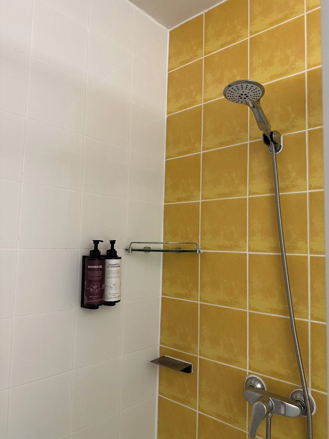 Ducha con cabezal de ducha manual y grifo empotrado. Hay dos botellas de gel de ducha y champú en un estante.