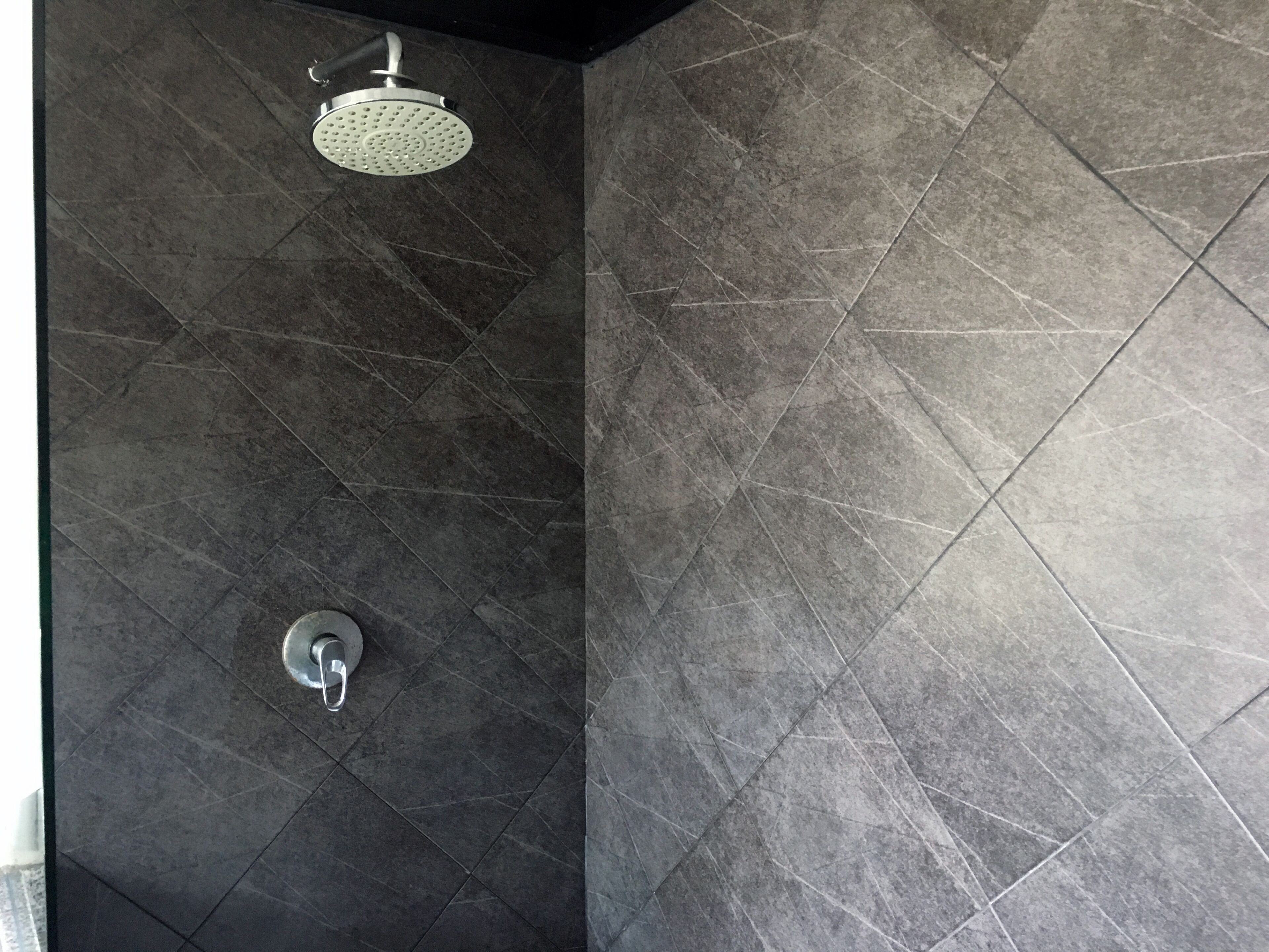 A shower area with dark tiled walls and a showerhead.