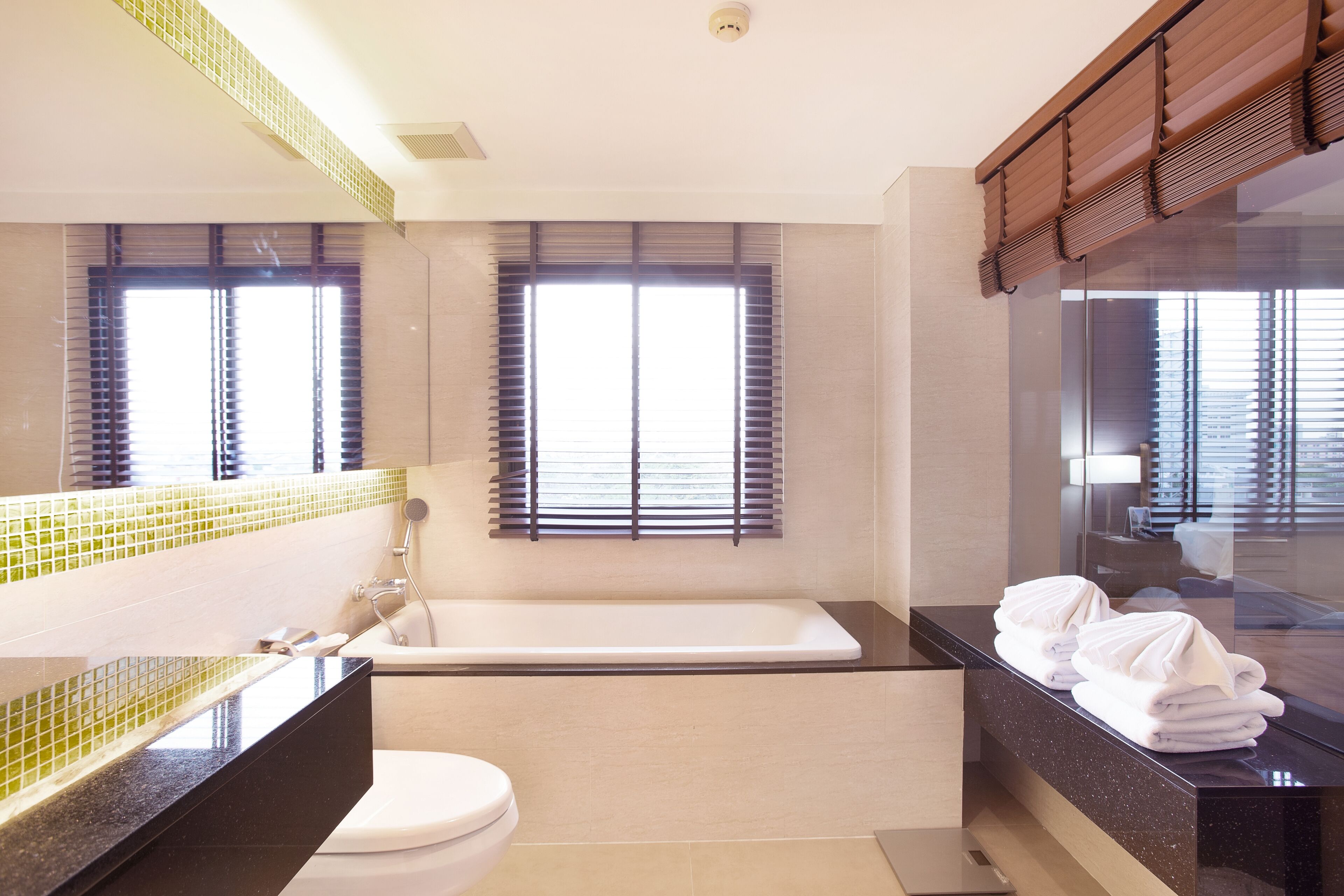 A modern bathroom with a bathtub, toilet, and a large mirror.