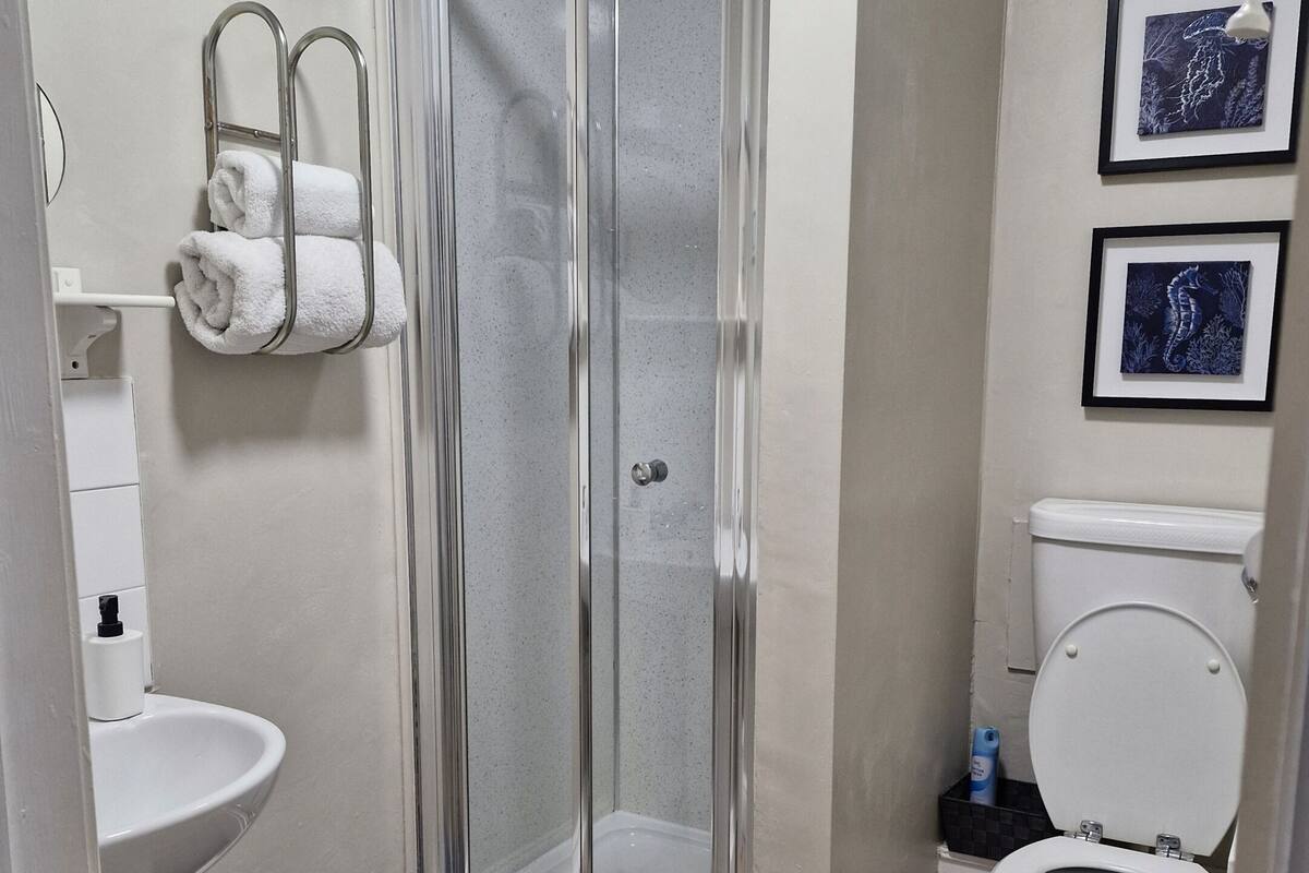 Une salle de bain avec une douche à parois de verre, des toilettes, un lavabo et deux tableaux encadrés au mur.