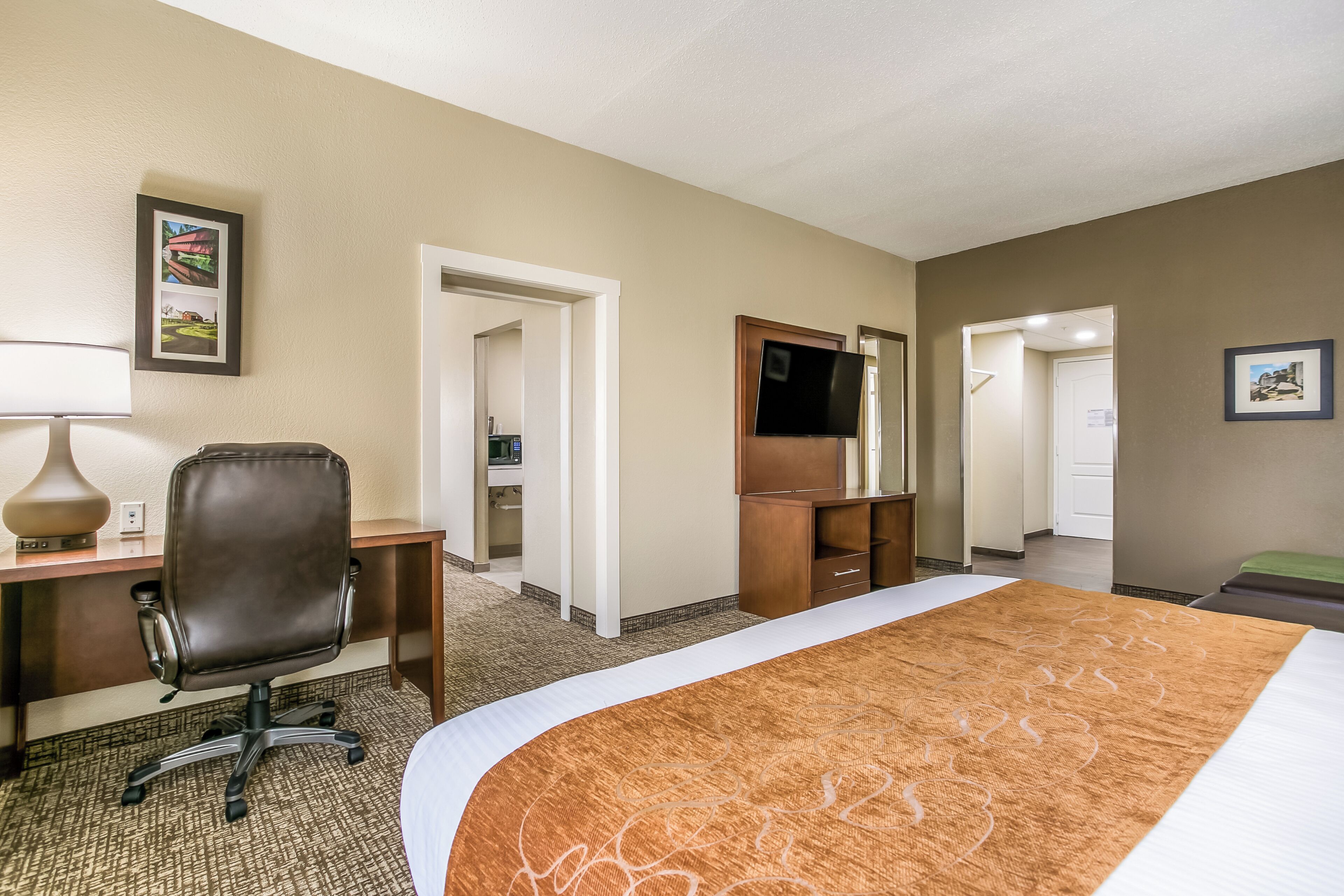 A hotel room with a bed, a desk, a chair, a dresser, a television, and a framed picture on the wall.