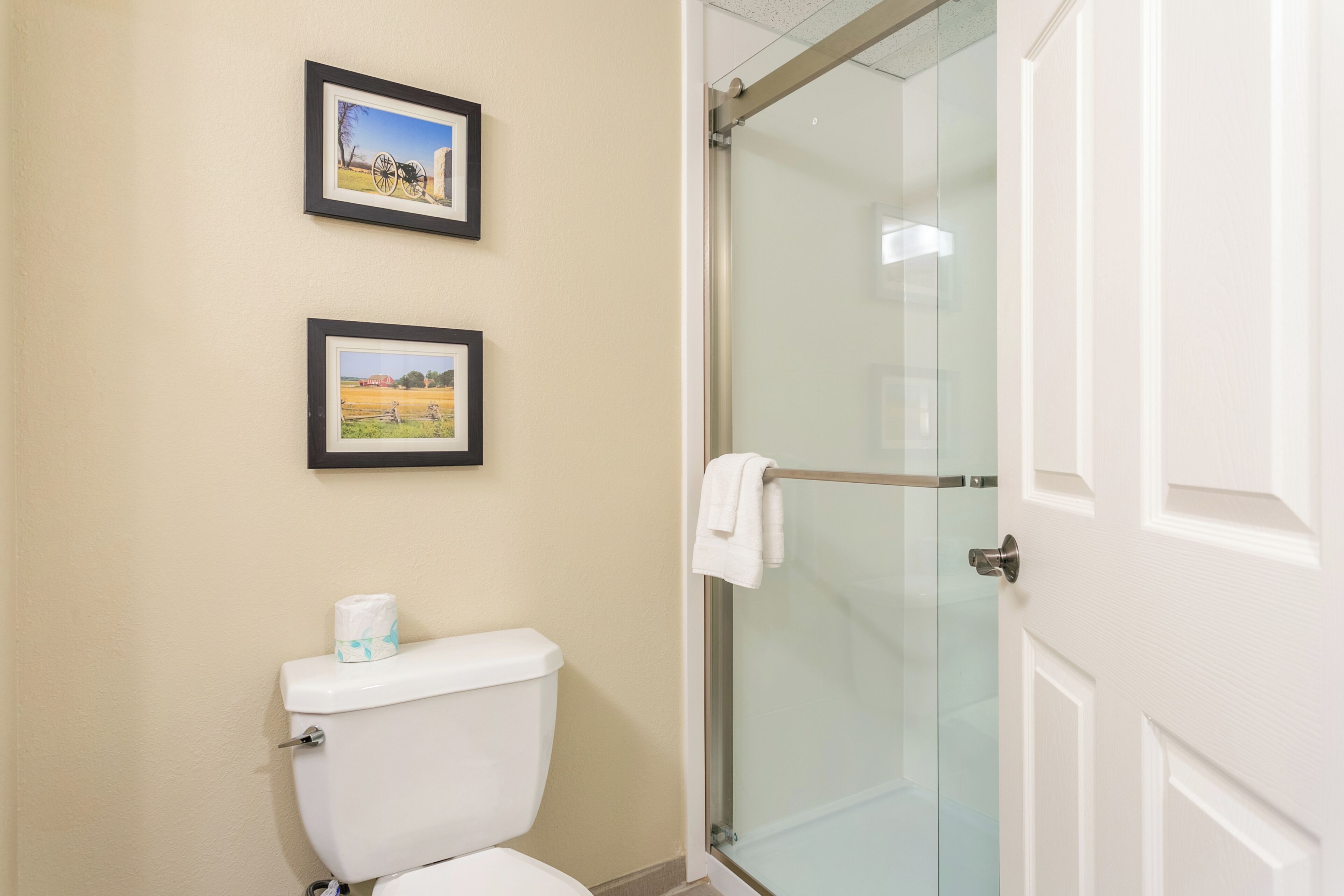 A bathroom with a toilet, a glass shower enclosure, and two framed pictures on the wall.