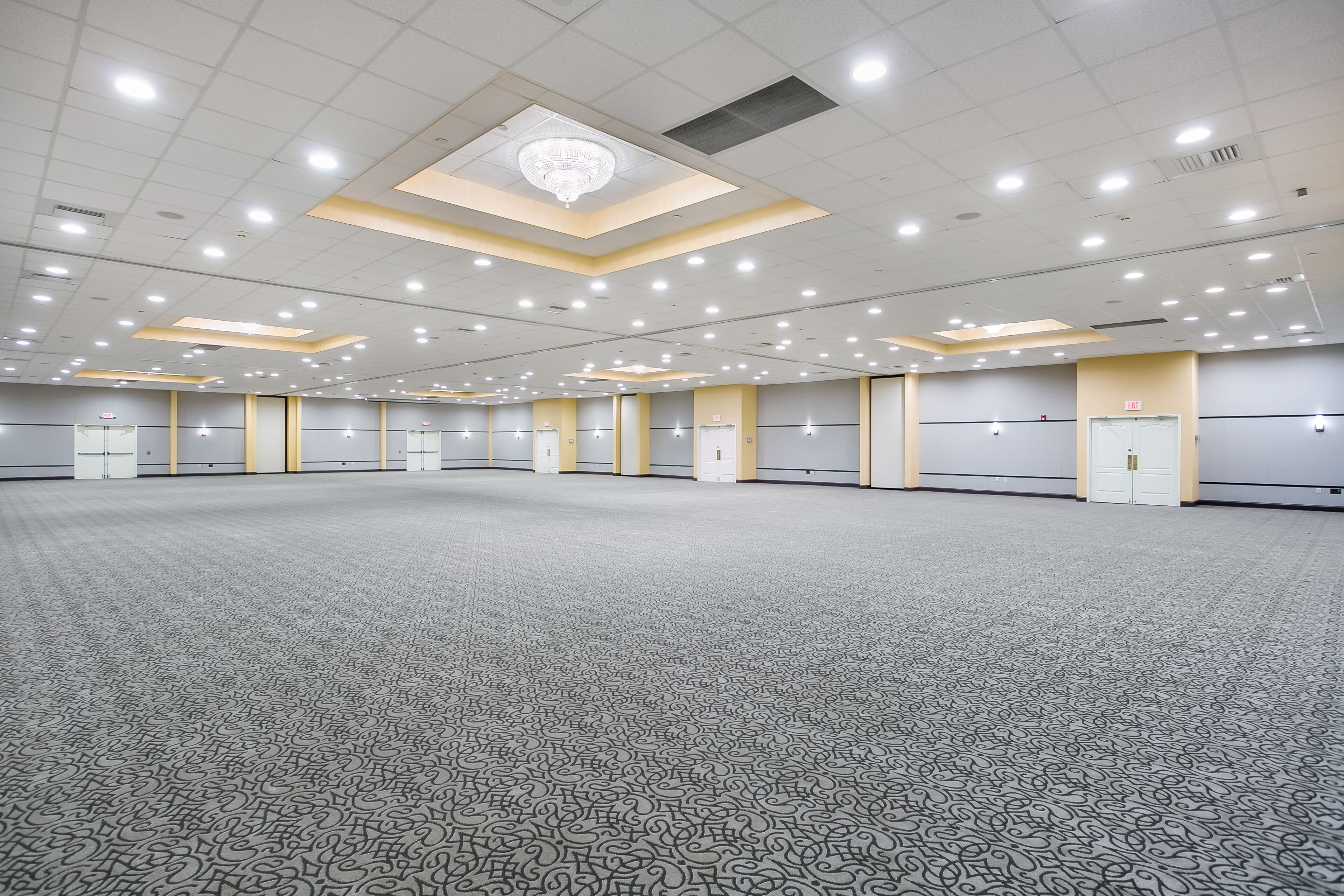 A large, well-lit conference room with a patterned carpet, recessed lighting, and a central chandelier.