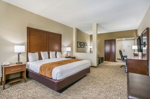 Habitación de hotel con una cama grande, mesitas de noche, un escritorio, una silla y un espejo.