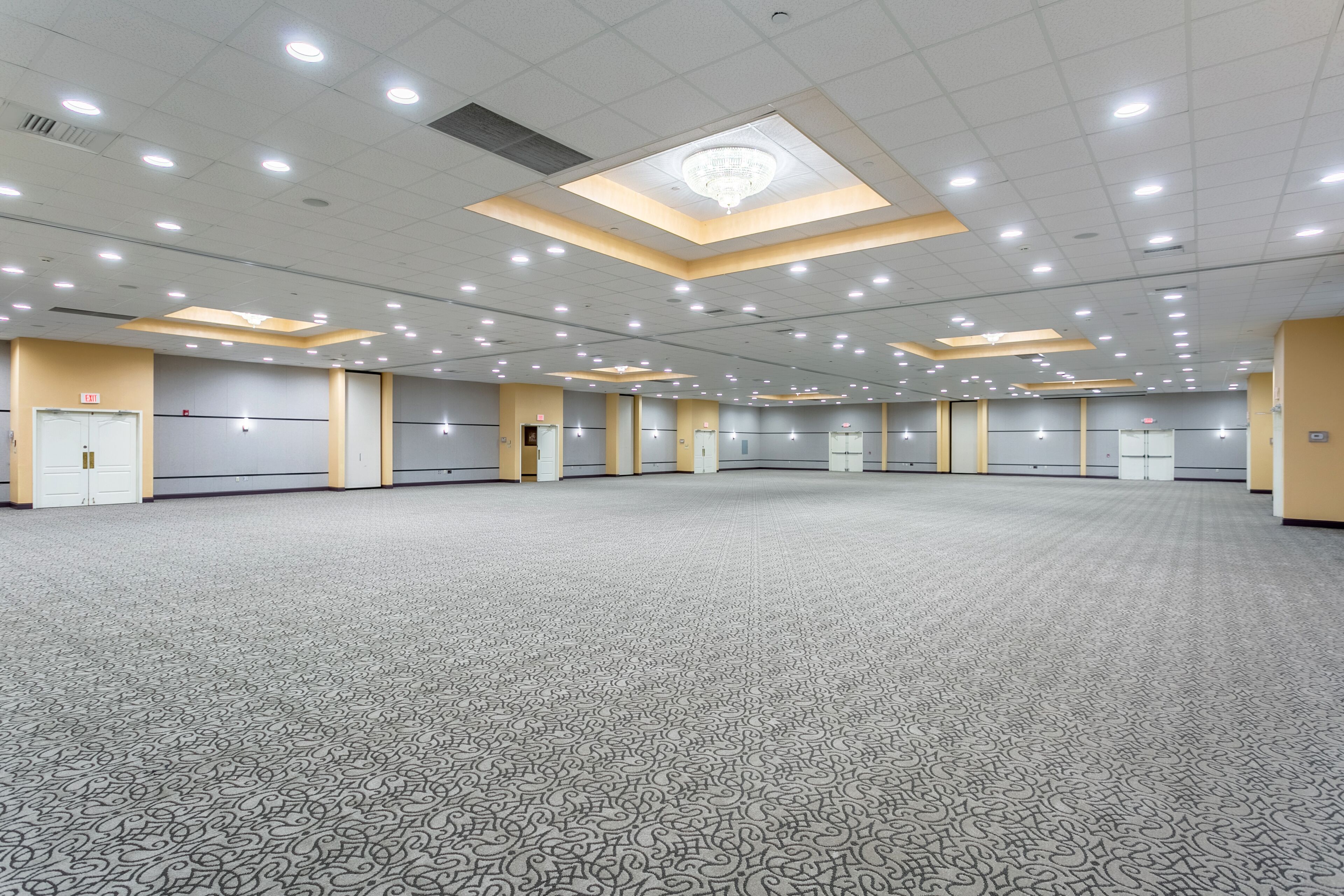A large, well-lit conference room with a patterned carpet, multiple doors, and a ceiling with recessed lighting and a skylight.