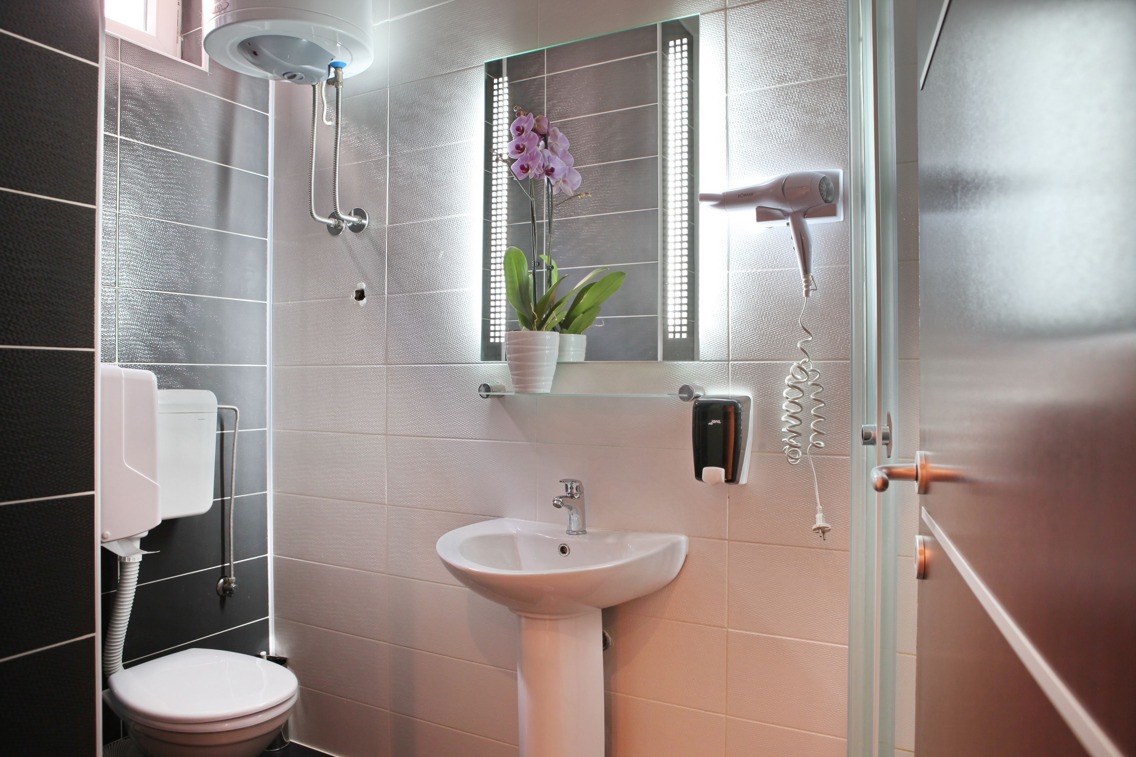 A bathroom with a white sink, a toilet, a handheld showerhead, a hairdryer, and a potted orchid.