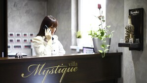 A reception desk with the name "Mystique" and a potted plant with a rose. - Villa Mystique (Belgrade)