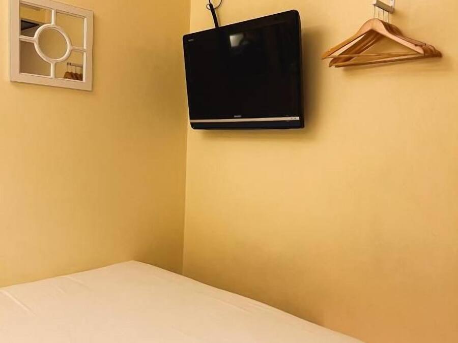 A room with a bed, a mounted television, and a wall-mounted heater.