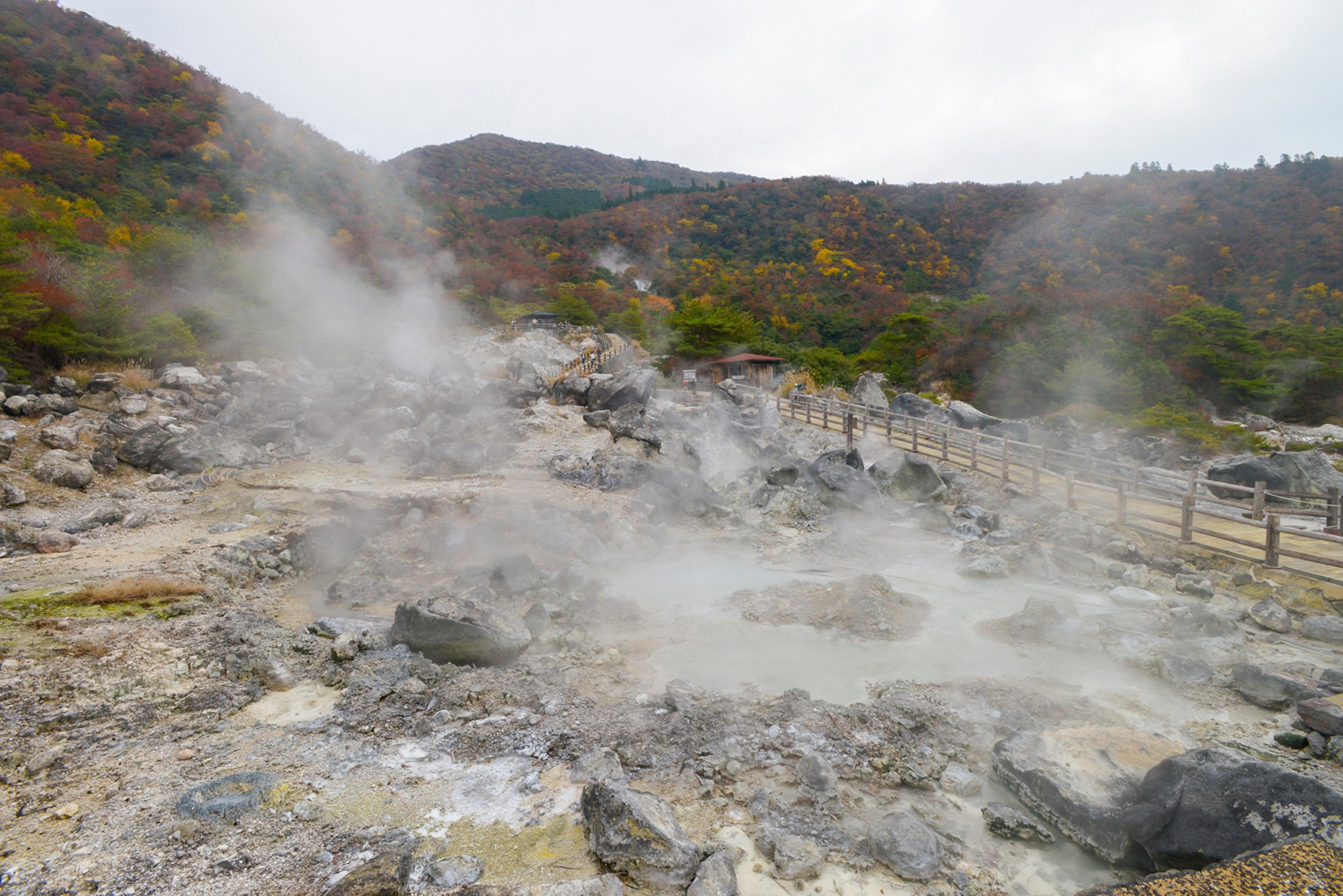 Una zona geotèrmica amb vapor que s'eleva del terra, envoltada de terreny rocos i una tanca de fusta.