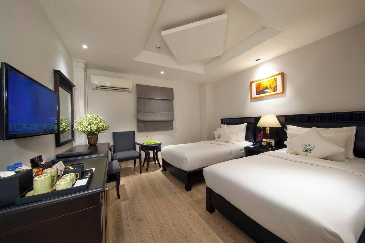Een hotelkamer met twee bedden, een bureau, een flatscreen-televisie, een potplant en een wandairconditioner.