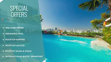 Outdoor pool, pool umbrellas, pool loungers