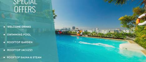 Outdoor pool, pool umbrellas, sun loungers