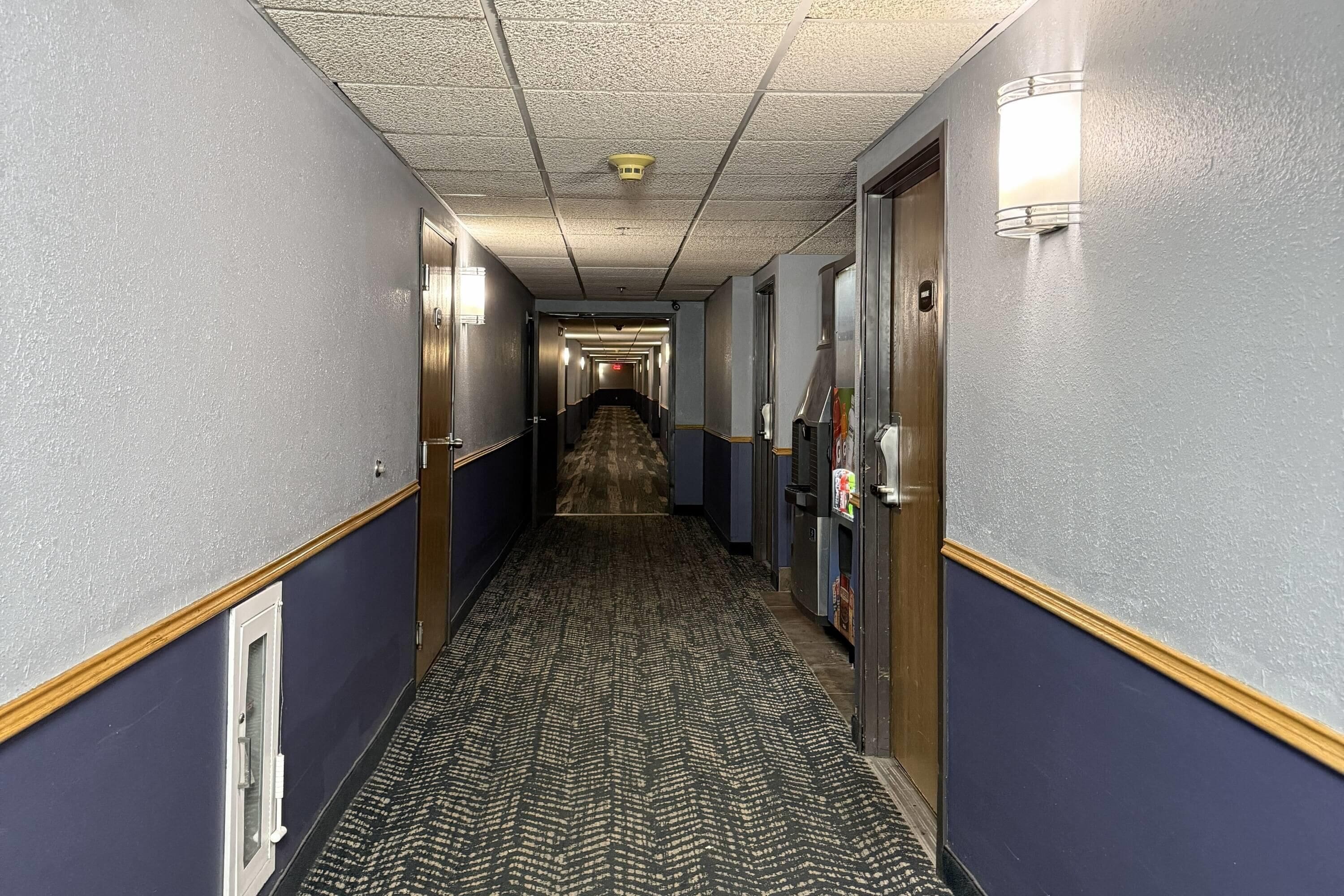 A hotel hallway with carpeted floors, doors on both sides, and a light fixture on the wall.